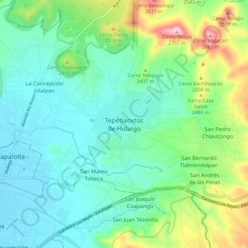 Mapa topográfico Tepetlaoxtoc de Hidalgo, altitud, relieve