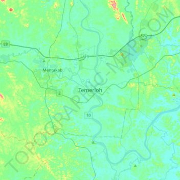 Mapa topográfico Temerloh, altitud, relieve