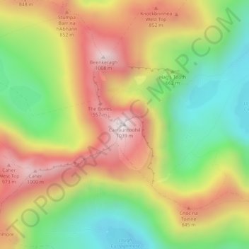 Mapa topográfico Carrauntoohil, altitud, relieve