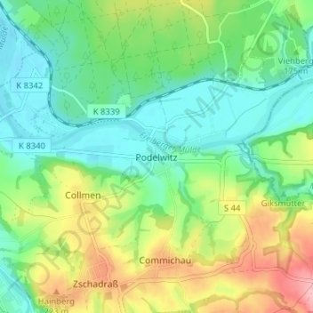 Mapa topográfico Podelwitz, altitud, relieve