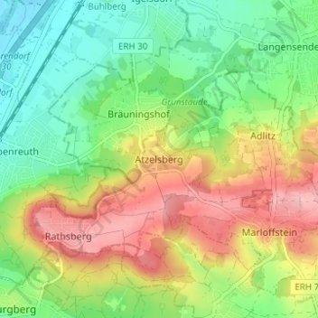 Mapa topográfico Atzelsberg, altitud, relieve