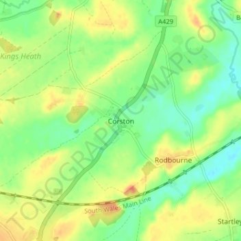 Mapa topográfico Corston, altitud, relieve