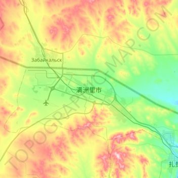 Mapa topográfico Manzhouli, altitud, relieve