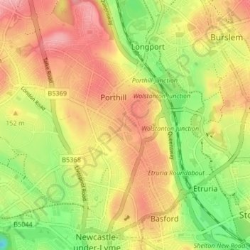 Mapa topográfico Wolstanton, altitud, relieve