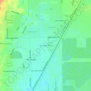 Mapa topográfico Mountain View, altitud, relieve