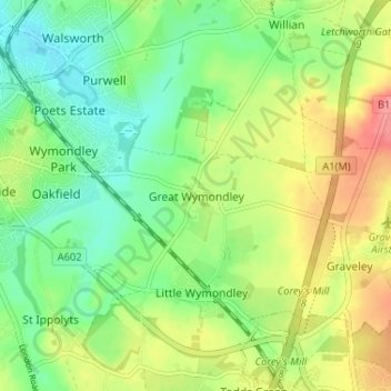 Mapa topográfico Great Wymondley, altitud, relieve