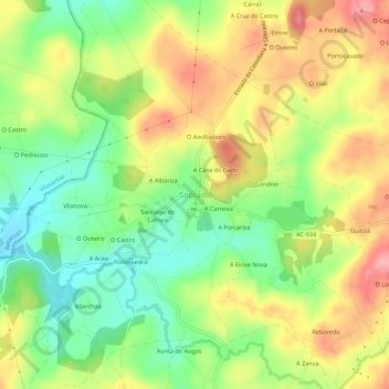 Mapa topográfico Sobrado, altitud, relieve