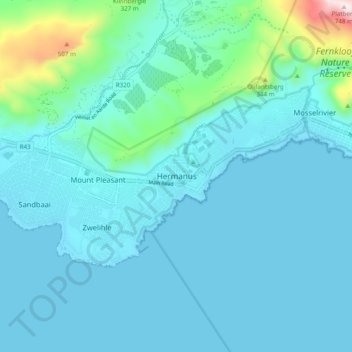 Mapa topográfico Hermanus, altitud, relieve