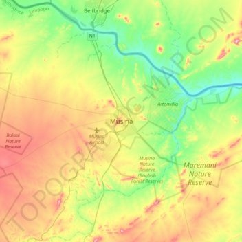 Mapa topográfico Musina, altitud, relieve