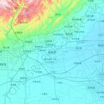 Mapa topográfico Jiaozuo, altitud, relieve