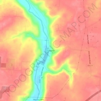Mapa topográfico Oregonia, altitud, relieve