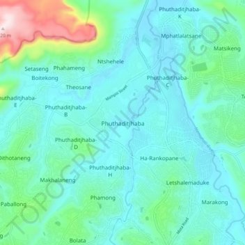 Mapa topográfico Phuthaditjhaba, altitud, relieve