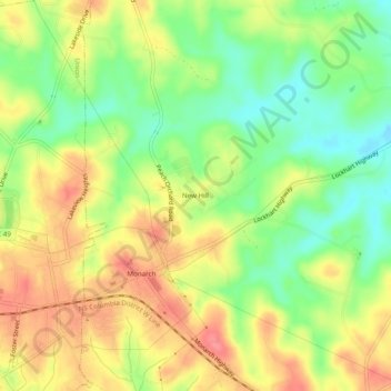 Mapa topográfico New Hill, altitud, relieve