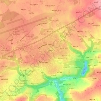 Mapa topográfico Kerellec, altitud, relieve