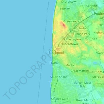 Mapa topográfico Blackpool, altitud, relieve