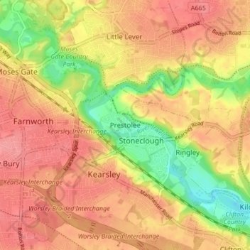 Mapa topográfico Prestolee, altitud, relieve