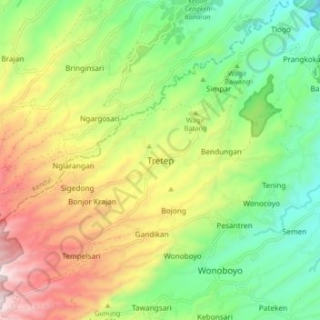 Mapa topográfico Tretep, altitud, relieve