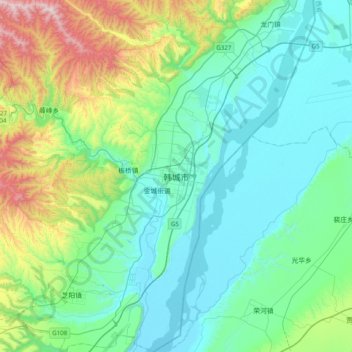 Mapa topográfico Hancheng, altitud, relieve