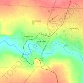 Mapa topográfico Bothaville, altitud, relieve