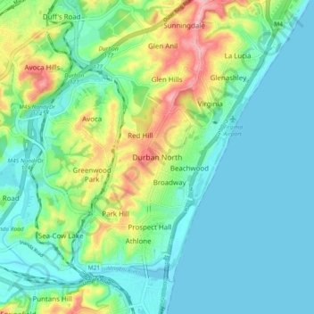 Mapa topográfico Durban North, altitud, relieve