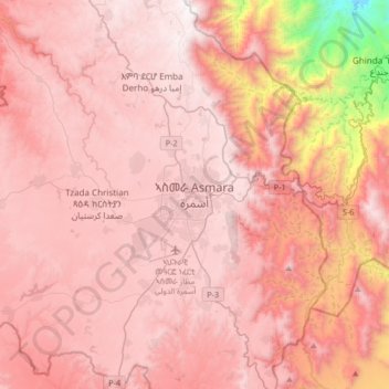 Mapa topográfico Asmara, altitud, relieve