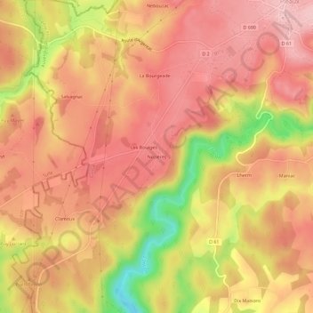 Mapa topográfico Nozières, altitud, relieve
