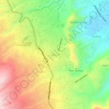 Mapa topográfico Cipanas, altitud, relieve