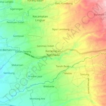 Mapa topográfico Kecamatan Narmada, altitud, relieve