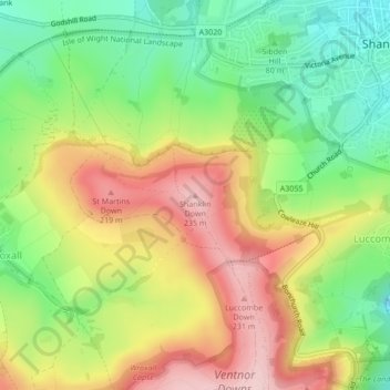 Mapa topográfico Shanklin Down, altitud, relieve