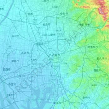 Mapa topográfico Nagoya, altitud, relieve