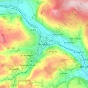 Mapa topográfico Keighley, altitud, relieve