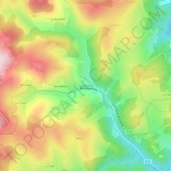 Mapa topográfico Les Moulins, altitud, relieve