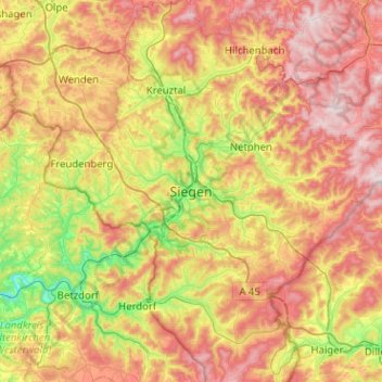Mapa topográfico Siegen, altitud, relieve