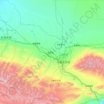 Mapa topográfico Changji, altitud, relieve