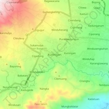Mapa topográfico Kuningan, altitud, relieve