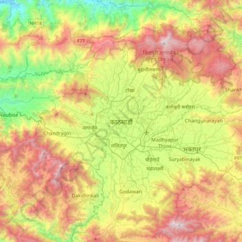 Mapa topográfico Katmandou, altitud, relieve