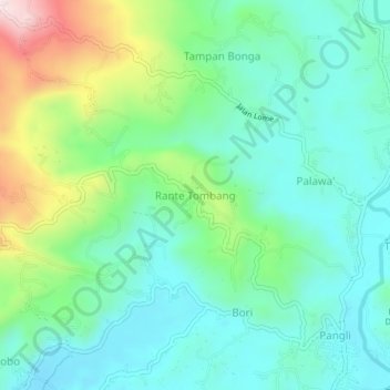 Mapa topográfico Rante Tombang, altitud, relieve
