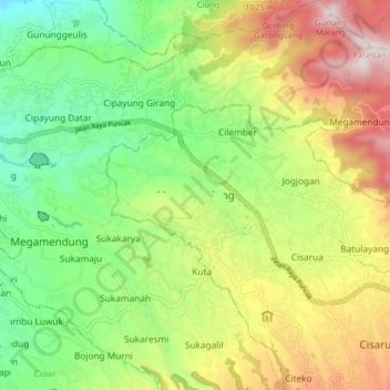 Mapa topográfico Megamendung, altitud, relieve