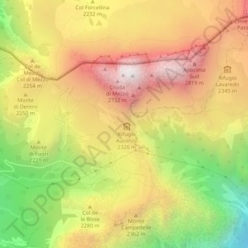 Mapa topográfico Forcella Longeres, altitud, relieve