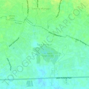 Mapa topográfico Tarai Bangun, altitud, relieve