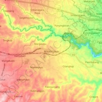 Mapa topográfico Manonjaya, altitud, relieve