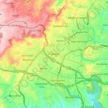Mapa topográfico Pinetown, altitud, relieve