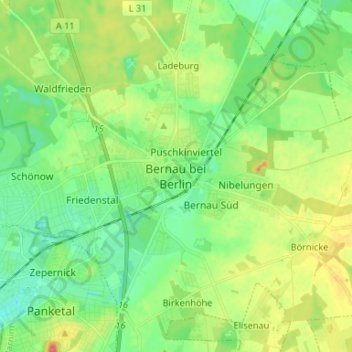 Mapa topográfico Bernau bei Berlin, altitud, relieve