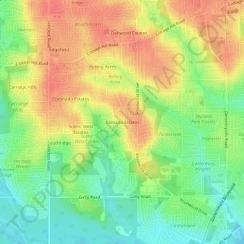 Mapa topográfico Ramada Estates, altitud, relieve