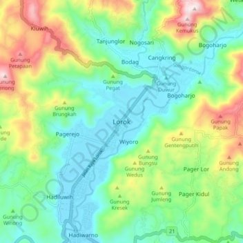 Mapa topográfico Lorok, altitud, relieve