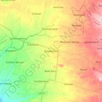 Mapa topográfico Sukowono, altitud, relieve