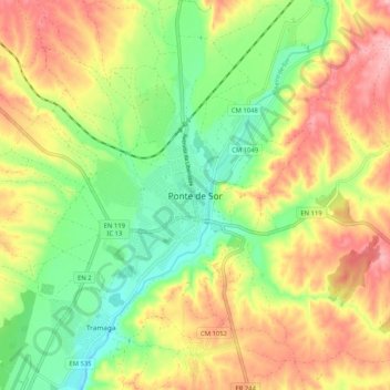 Mapa topográfico Ponte de Sor, altitud, relieve