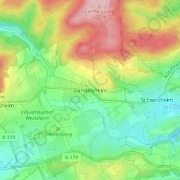 Mapa topográfico Gondelsheim, altitud, relieve