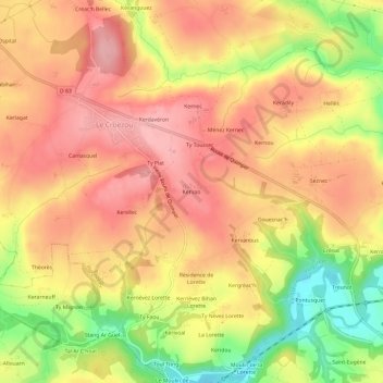 Mapa topográfico Kervao, altitud, relieve