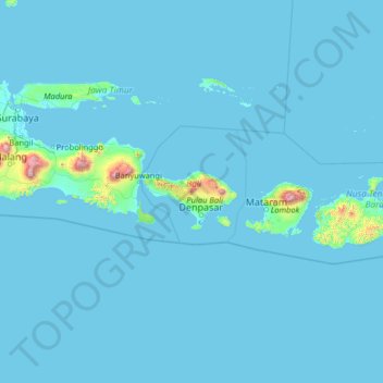 Mapa topográfico Bali, altitud, relieve